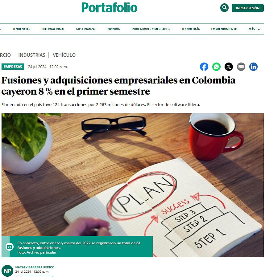 Fusiones y adquisiciones empresariales en Colombia cayeron 8 % en el primer semestre